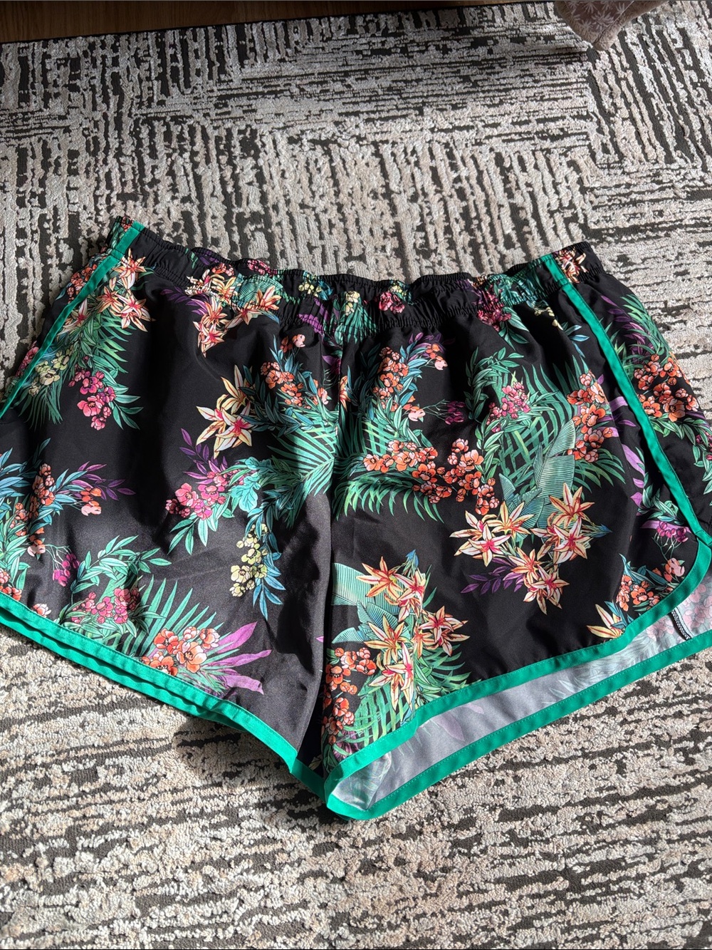 Xersion Black Floral Athletic Shorts with Teal Trim